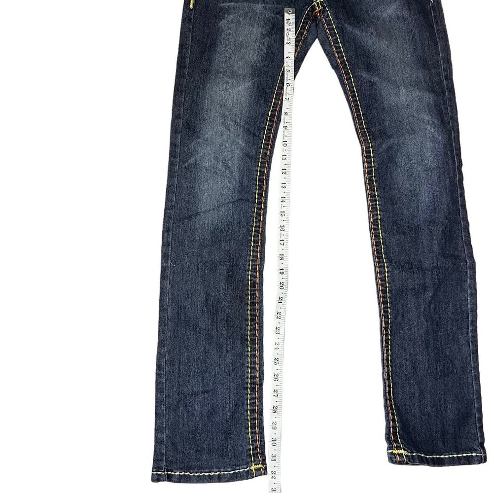 True Religion Women's Straight Leg Jeans - Blue with White & Orange Stitching - Picture 7 of 8